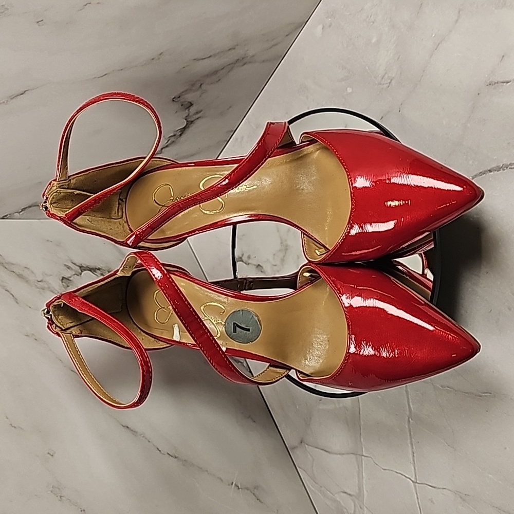 Jessica Simpson Size 7 M Strap Stilleto Pumps Holiday Candy Apple Red